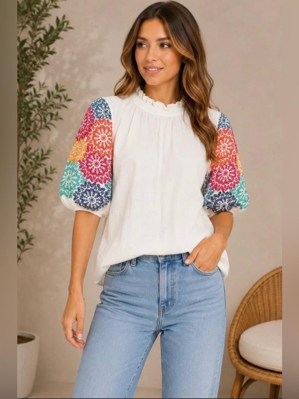 THML White Peasant Blouse with Multicolor Embroidered Puff Sleeves